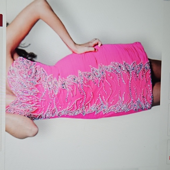 Jovani Barbiecore Ruched Rhinestone/Sequined Embellished Strapless Mini Dr… - Picture 2 of 5